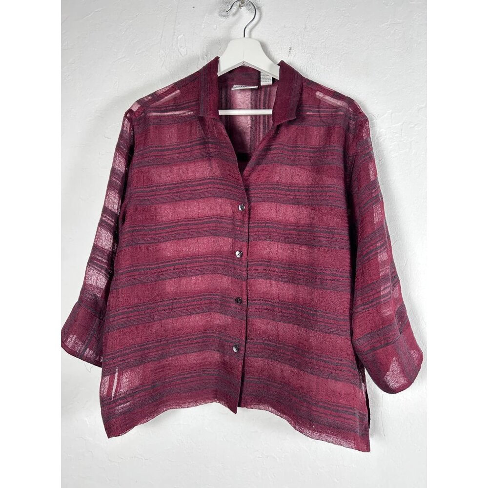 Chico's Design Womens Sheer Red Striped Button Down Shirt Top Size 1 Linen Blend